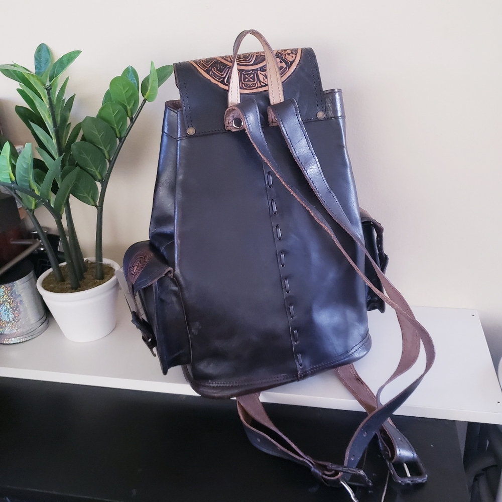 Handcrafted Tooled Leather Backpack - O/S Made In MEXICO - Picture 7 of 15